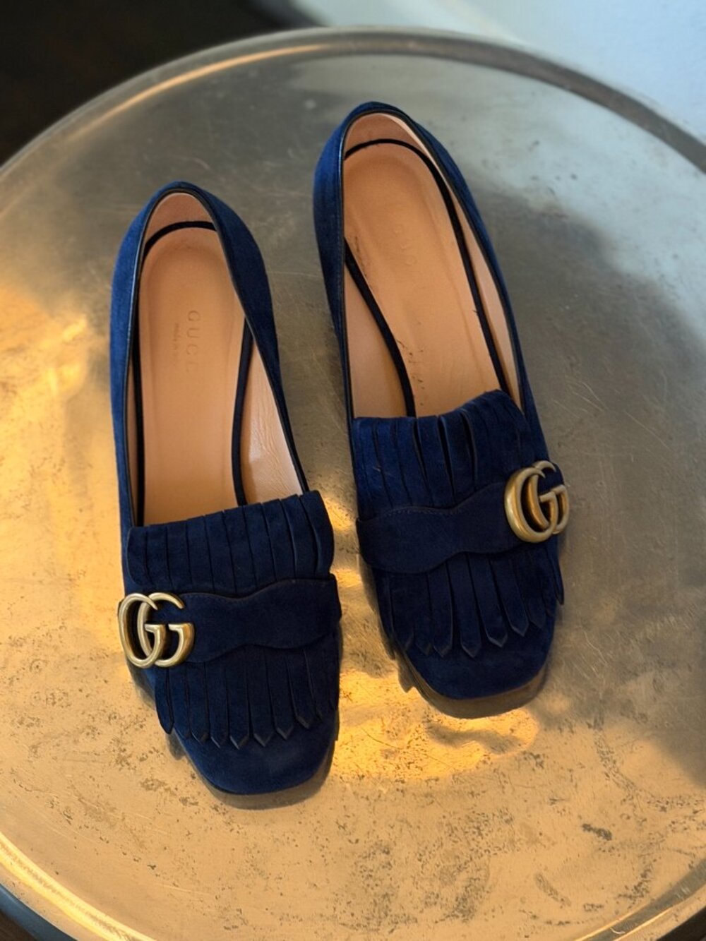 Gucci Kid Scamosciato GG Marmont Fringe 50mm Loafer Pumps 37 Navy - Picture 6 of 11